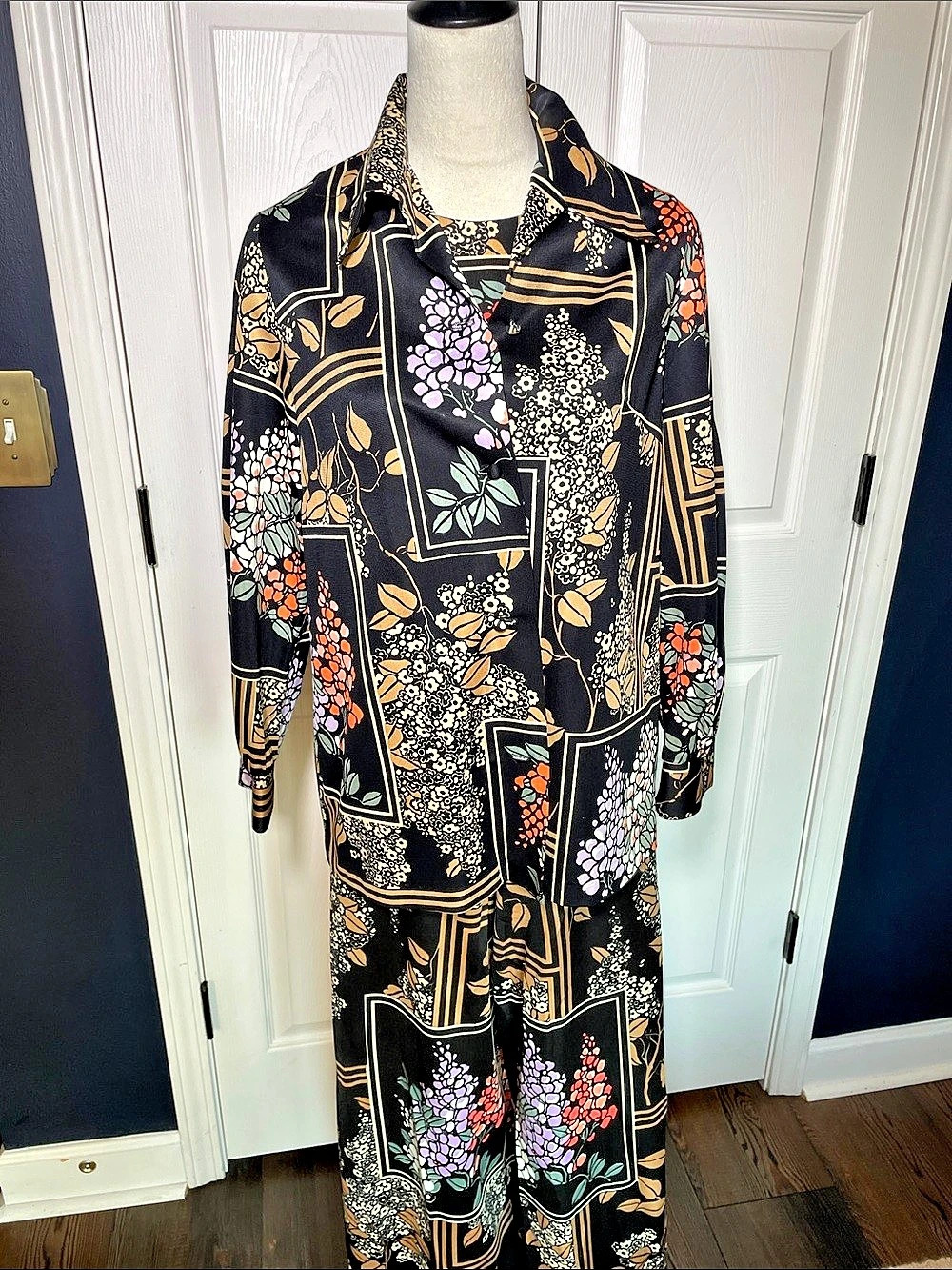 Vintage Lounge Craft Floral Pants Set Wide Leg 3 Piece Black Floral 70s Sz L